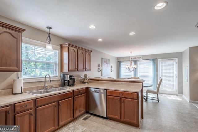 53 Denny Ln, Dallas, GA 30157 - kitchen featuring dishwasher, a peninsula, a chandelier, recessed lighting, and light countertops