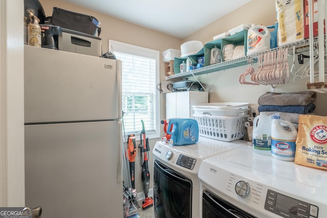 53 Denny Ln, Dallas, GA 30157 - kitchen featuring freestanding refrigerator, washing machine and clothes dryer, and open shelves