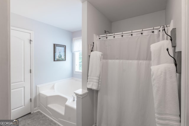 53 Denny Ln, Dallas, GA 30157 - full bathroom with a garden tub, a shower with curtain, and tile patterned flooring