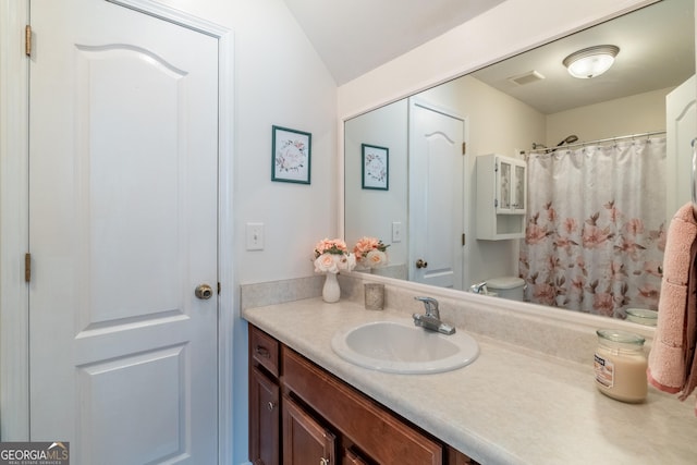 53 Denny Ln, Dallas, GA 30157 - bathroom with vanity, lofted ceiling, and a shower with shower curtain