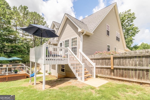 53 Denny Ln, Dallas, GA 30157 - back of house with a wooden deck, roof with shingles, and stairs