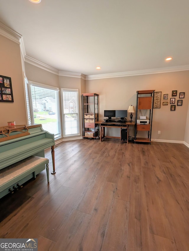 1581 Shetland Pony Ct NW, Suwanee, GA 30024 - office space featuring hardwood / wood-style flooring, ornamental molding, and recessed lighting