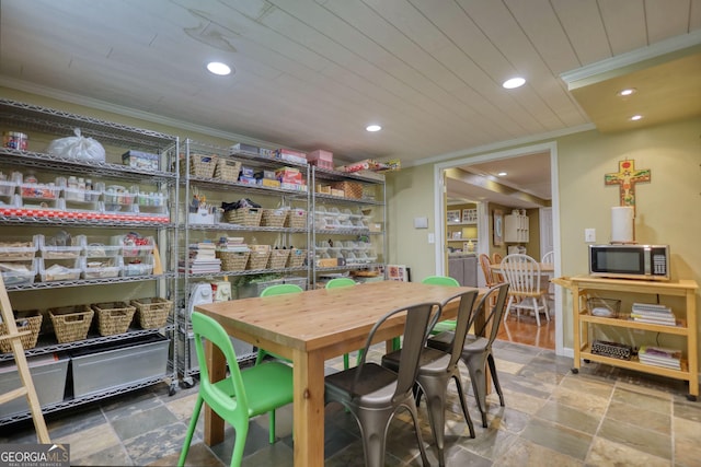 1248 Rockview Ct, Loganville, GA 30052 - dining space with ornamental molding, stone tile flooring, recessed lighting, and wood ceiling