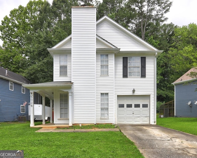 5026 Brittany Dr, Stone Mountain, GA 30083 - view of front of property featuring driveway, a front lawn, a garage, and a chimney