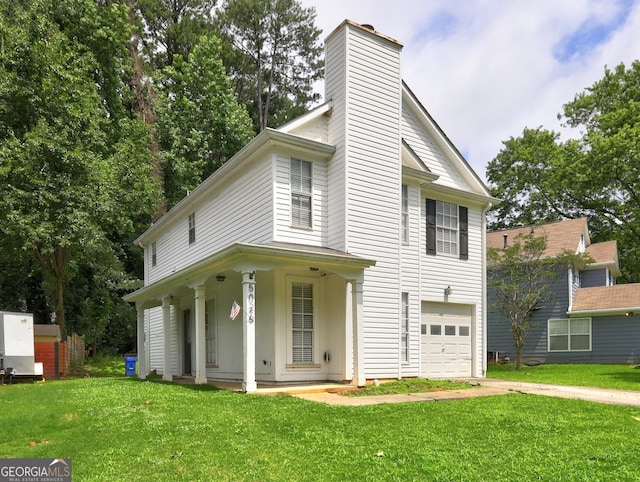 5026 Brittany Dr, Stone Mountain, GA 30083 - view of front of house featuring a garage, driveway, a chimney, a front lawn, and a porch