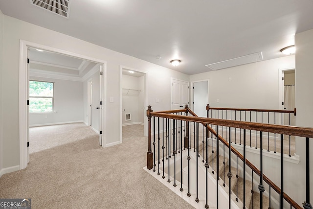 3865 Rifflepool Ct, Douglasville, GA 30135 - hall featuring attic access, an upstairs landing, and carpet floors