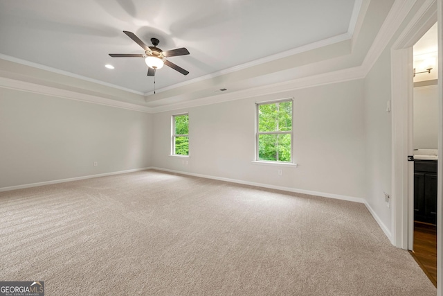 3865 Rifflepool Ct, Douglasville, GA 30135 - unfurnished room featuring a ceiling fan, a tray ceiling, crown molding, carpet floors, and recessed lighting