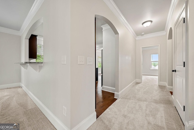 3865 Rifflepool Ct, Douglasville, GA 30135 - hallway with carpet, ornamental molding, and arched walkways
