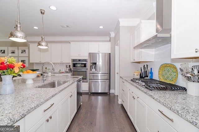 2720 Garonne Way, Cumming, GA 30041 - kitchen featuring stainless steel appliances, wall chimney exhaust hood, ornamental molding, white cabinetry, and decorative backsplash