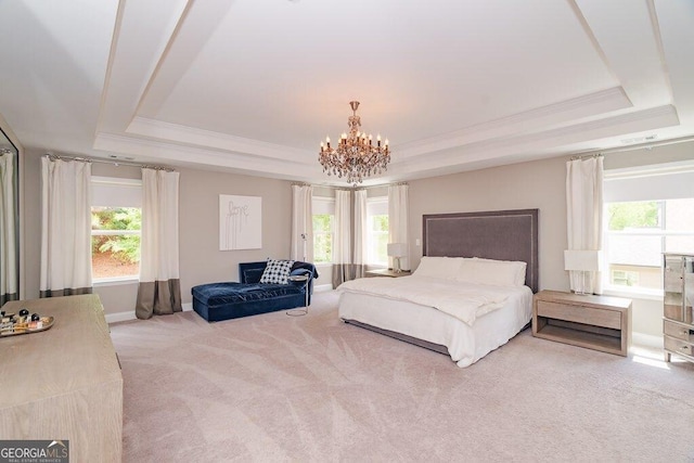 2720 Garonne Way, Cumming, GA 30041 - bedroom featuring a tray ceiling, multiple windows, a chandelier, and ornamental molding