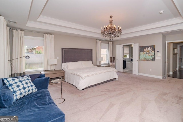 2720 Garonne Way, Cumming, GA 30041 - carpeted bedroom featuring a raised ceiling, a chandelier, and crown molding