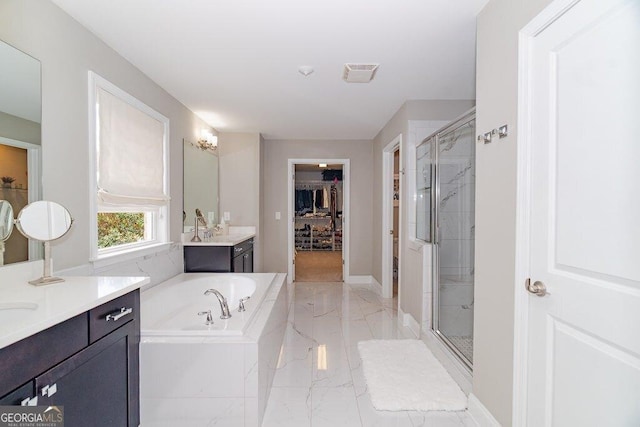 2720 Garonne Way, Cumming, GA 30041 - bathroom with marble look tiles, a marble finish shower, a bath, and two vanities