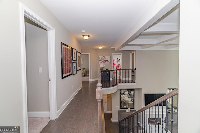 2720 Garonne Way, Cumming, GA 30041 - hall with wood finished floors, beam ceiling, and an upstairs landing