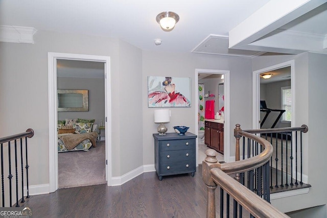 2720 Garonne Way, Cumming, GA 30041 - corridor with attic access, an upstairs landing, and dark wood finished floors