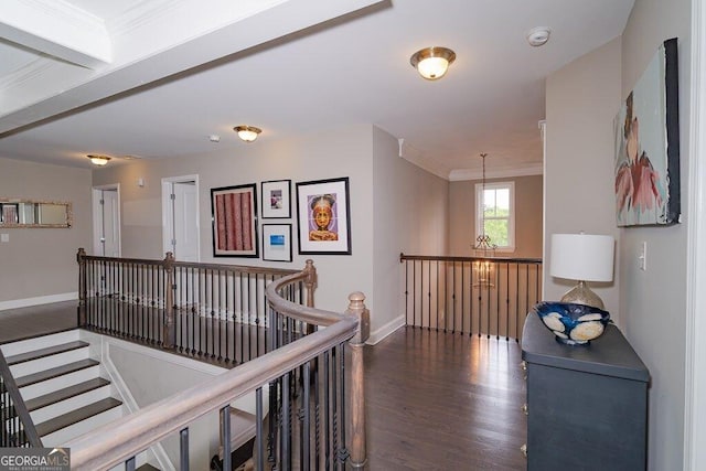 2720 Garonne Way, Cumming, GA 30041 - corridor with an upstairs landing, dark wood-style flooring, and ornamental molding