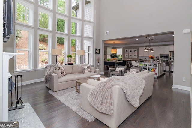 2720 Garonne Way, Cumming, GA 30041 - living room featuring a high ceiling and dark wood-type flooring