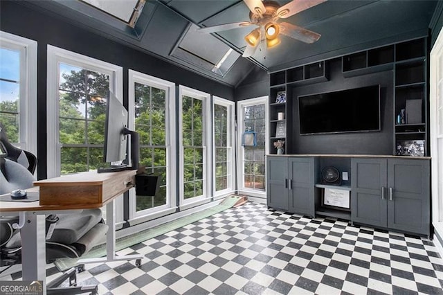 1452 Crooked Tree Cir, Stone Mountain, GA 30088 - office featuring tile patterned floors, vaulted ceiling, ceiling fan, and built in shelves