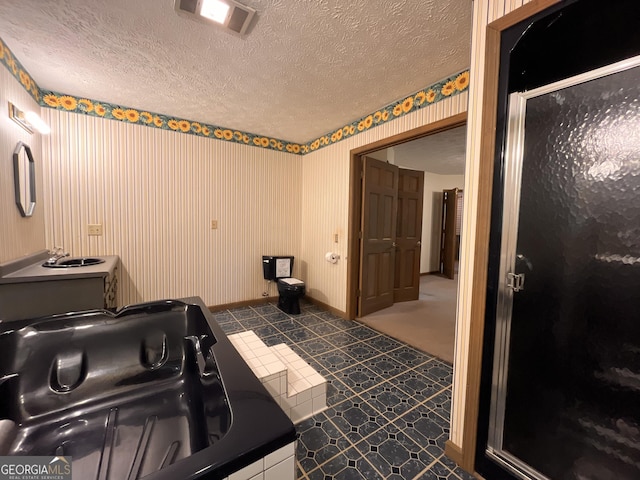 172 Fred Henry Ln, Clayton, GA 30525 - full bath featuring a shower stall, wallpapered walls, a textured ceiling, and a bathtub