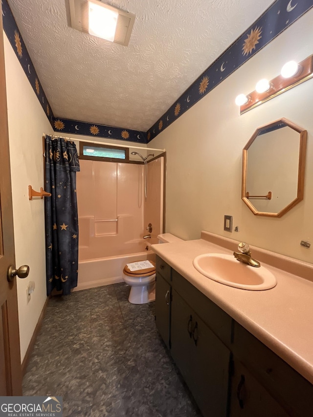 172 Fred Henry Ln, Clayton, GA 30525 - bathroom featuring vanity, shower / tub combo with curtain, and a textured ceiling