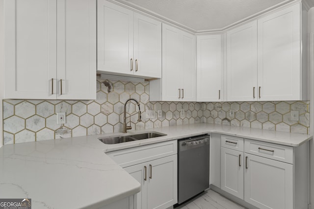 5437 Chatham Woods Ct, Columbus, GA 31907 - kitchen featuring dishwasher, white cabinets, light stone countertops, and tasteful backsplash