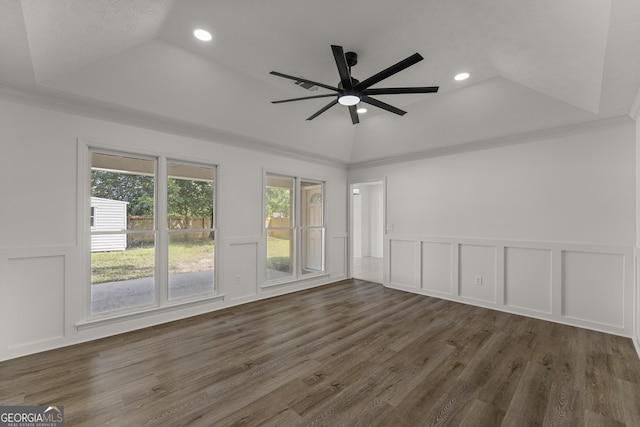 5437 Chatham Woods Ct, Columbus, GA 31907 - empty room with a decorative wall, a raised ceiling, a ceiling fan, dark wood-style flooring, and recessed lighting