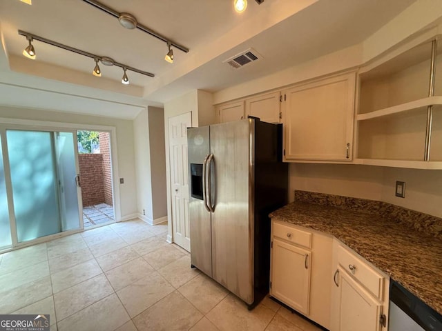 40 Dunwoody Springs Dr, Atlanta, GA 30328 - kitchen with stainless steel appliances, light tile patterned floors, dark stone counters, and open shelves