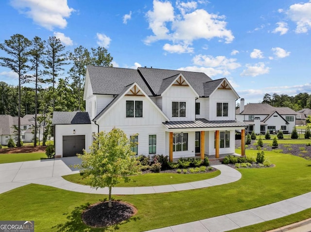 6080 Simone St, Acworth, GA 30101 - modern farmhouse style home featuring board and batten siding, a porch, driveway, a standing seam roof, and a shingled roof