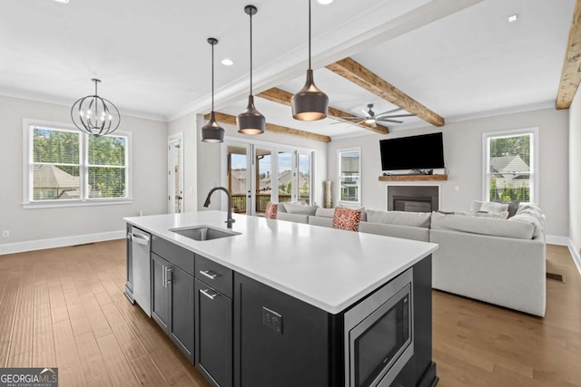 6080 Simone St, Acworth, GA 30101 - kitchen with stainless steel appliances, healthy amount of natural light, wood finished floors, a glass covered fireplace, and ornamental molding