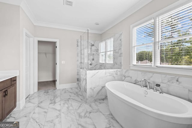 6080 Simone St, Acworth, GA 30101 - bathroom featuring marble finish floors, a marble finish shower, vanity, a soaking tub, and a spacious closet
