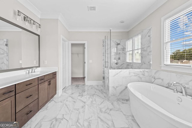 6080 Simone St, Acworth, GA 30101 - full bath with marble look tile flooring, a marble finish shower, a freestanding bath, vanity, and ornamental molding