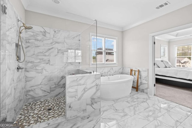 6080 Simone St, Acworth, GA 30101 - ensuite bathroom featuring a soaking tub, marble finish flooring, a marble finish shower, wainscoting, and crown molding