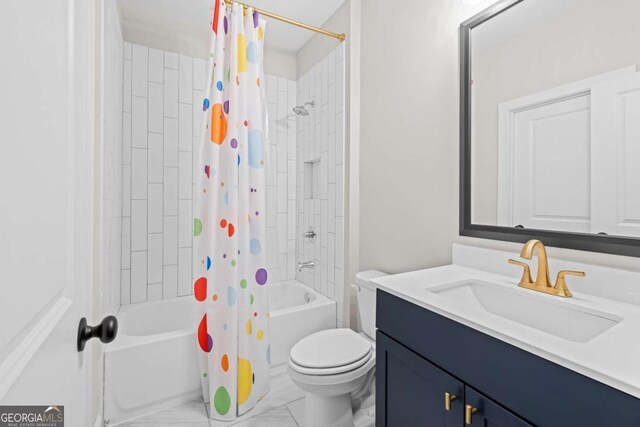 6080 Simone St, Acworth, GA 30101 - bathroom with vanity, shower / bathtub combination with curtain, and marble look tiles