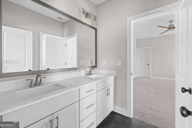 6080 Simone St, Acworth, GA 30101 - bathroom with double vanity, a ceiling fan, and tile patterned floors