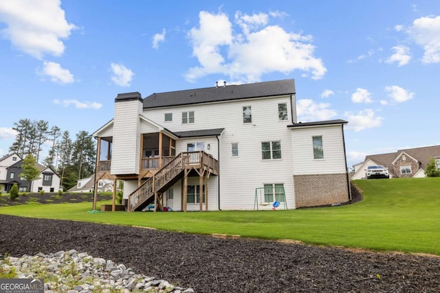 6080 Simone St, Acworth, GA 30101 - rear view of property with stairway, a sunroom, a yard, and a chimney