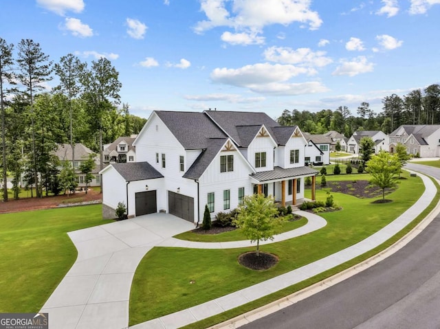 6080 Simone St, Acworth, GA 30101 - modern farmhouse featuring board and batten siding, concrete driveway, a front lawn, and a residential view