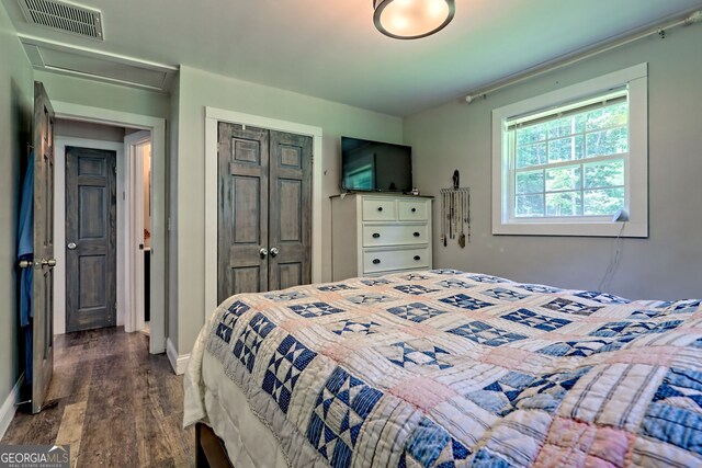 11 Hamilton Cir, Blairsville, GA 30512 - bedroom with dark wood-style flooring, a closet, and attic access