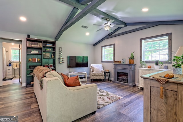 11 Hamilton Cir, Blairsville, GA 30512 - living room featuring a glass covered fireplace, dark wood-type flooring, a ceiling fan, and recessed lighting