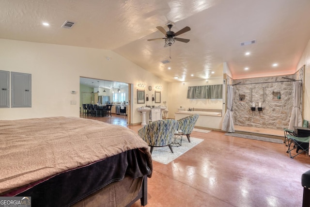 1529 Cedar Vw, Hiawassee, GA 30546 - bedroom featuring electric panel, vaulted ceiling, and concrete flooring