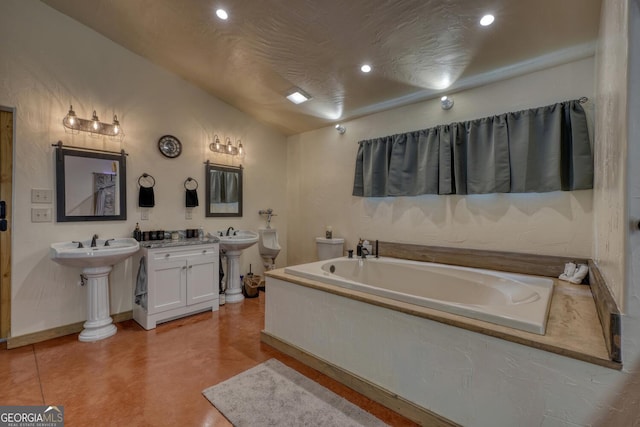 1529 Cedar Vw, Hiawassee, GA 30546 - bathroom with lofted ceiling, a bath, recessed lighting, concrete flooring, and two sinks