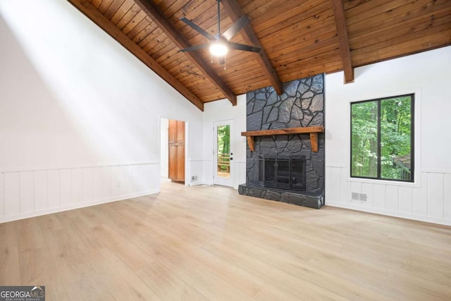 3292 Holly Mill Ct, Marietta, GA 30062 - unfurnished living room featuring a wooden ceiling with exposed beams, wood finished floors, a fireplace, wainscoting, and a ceiling fan