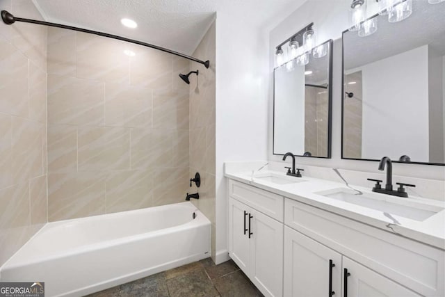 3292 Holly Mill Ct, Marietta, GA 30062 - bathroom featuring shower / tub combination, double vanity, a textured ceiling, and recessed lighting