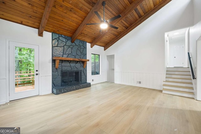 3292 Holly Mill Ct, Marietta, GA 30062 - unfurnished living room featuring a wooden ceiling with exposed beams, high vaulted ceiling, healthy amount of natural light, a ceiling fan, and wood finished floors