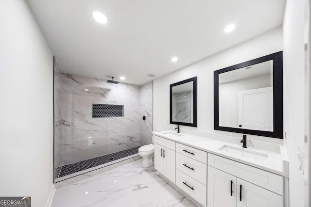 2798 Hutchins Rd, Lawrenceville, GA 30044 - full bath featuring recessed lighting, a marble finish shower, double vanity, and marble finish floors