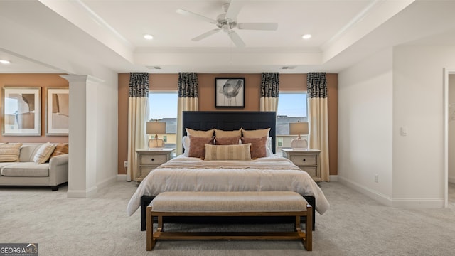 687 Edgar St Lot 83, Hampton, GA 30228 - bedroom with a tray ceiling, light carpet, ornamental molding, recessed lighting, and a ceiling fan