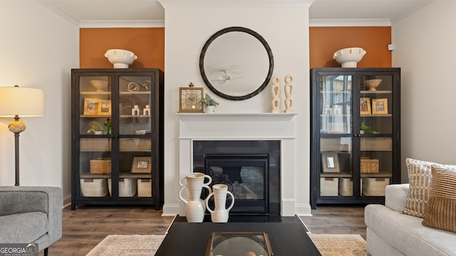 687 Edgar St Lot 83, Hampton, GA 30228 - living room featuring wood finished floors, crown molding, and a fireplace with flush hearth