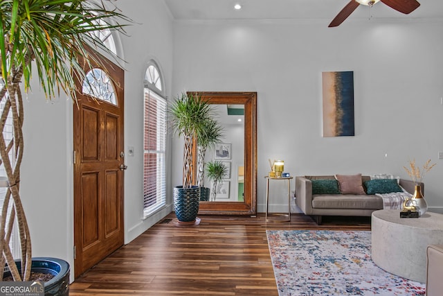 105 S Arcadia Dr, Bogart, GA 30622 - foyer entrance featuring ceiling fan, wood finished floors, recessed lighting, and crown molding