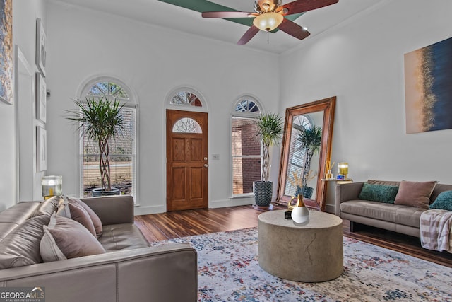 105 S Arcadia Dr, Bogart, GA 30622 - living area featuring a towering ceiling, ceiling fan, ornamental molding, and wood finished floors