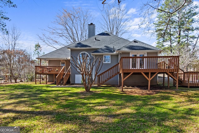 105 S Arcadia Dr, Bogart, GA 30622 - rear view of house featuring stairs, a wooden deck, a chimney, a shingled roof, and a lawn