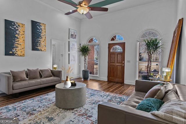 105 S Arcadia Dr, Bogart, GA 30622 - living room with wood finished floors, ceiling fan, crown molding, and a towering ceiling
