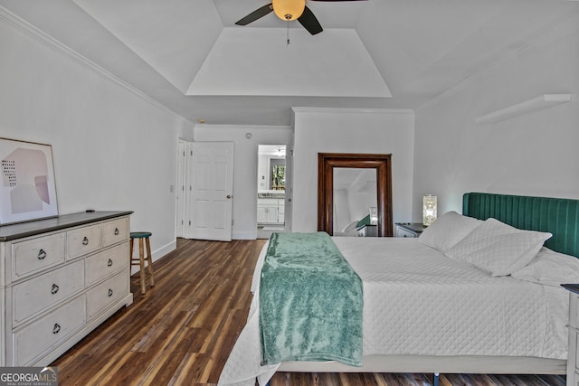 105 S Arcadia Dr, Bogart, GA 30622 - bedroom featuring dark wood-type flooring, crown molding, a raised ceiling, and ceiling fan